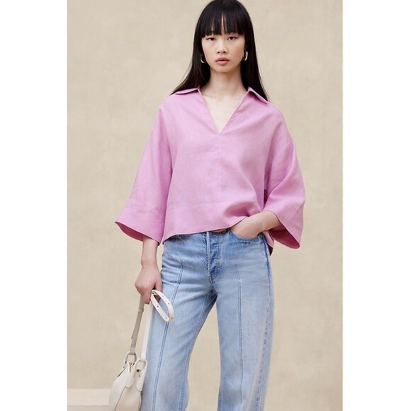 Banana Republic RT$110 Pink 100% European Linen Boxy Resort Shirt Small Top S - Picture 1 of 9